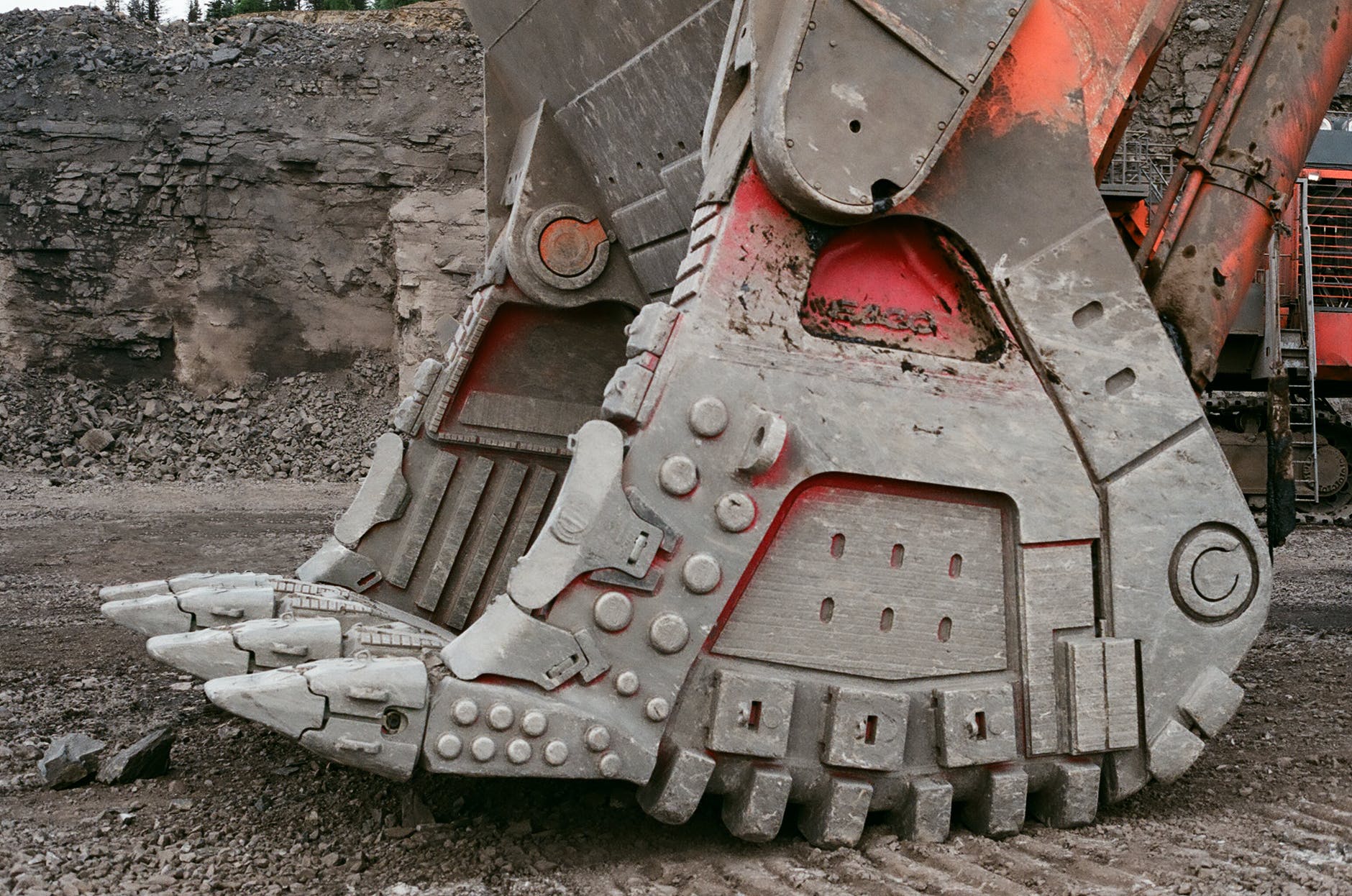 bucket of mining loader on ground on break time